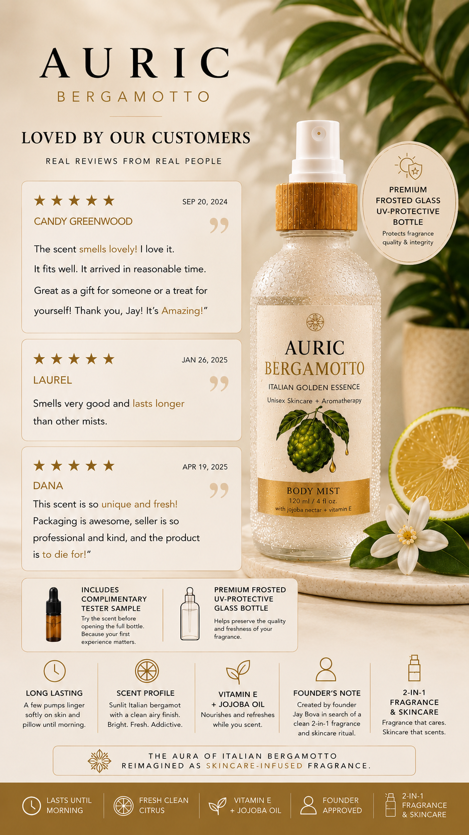 NEW Auric Bergamotto Body Mist  | Unisex | 120ml/4 fl.oz. Fragrance + Skincare